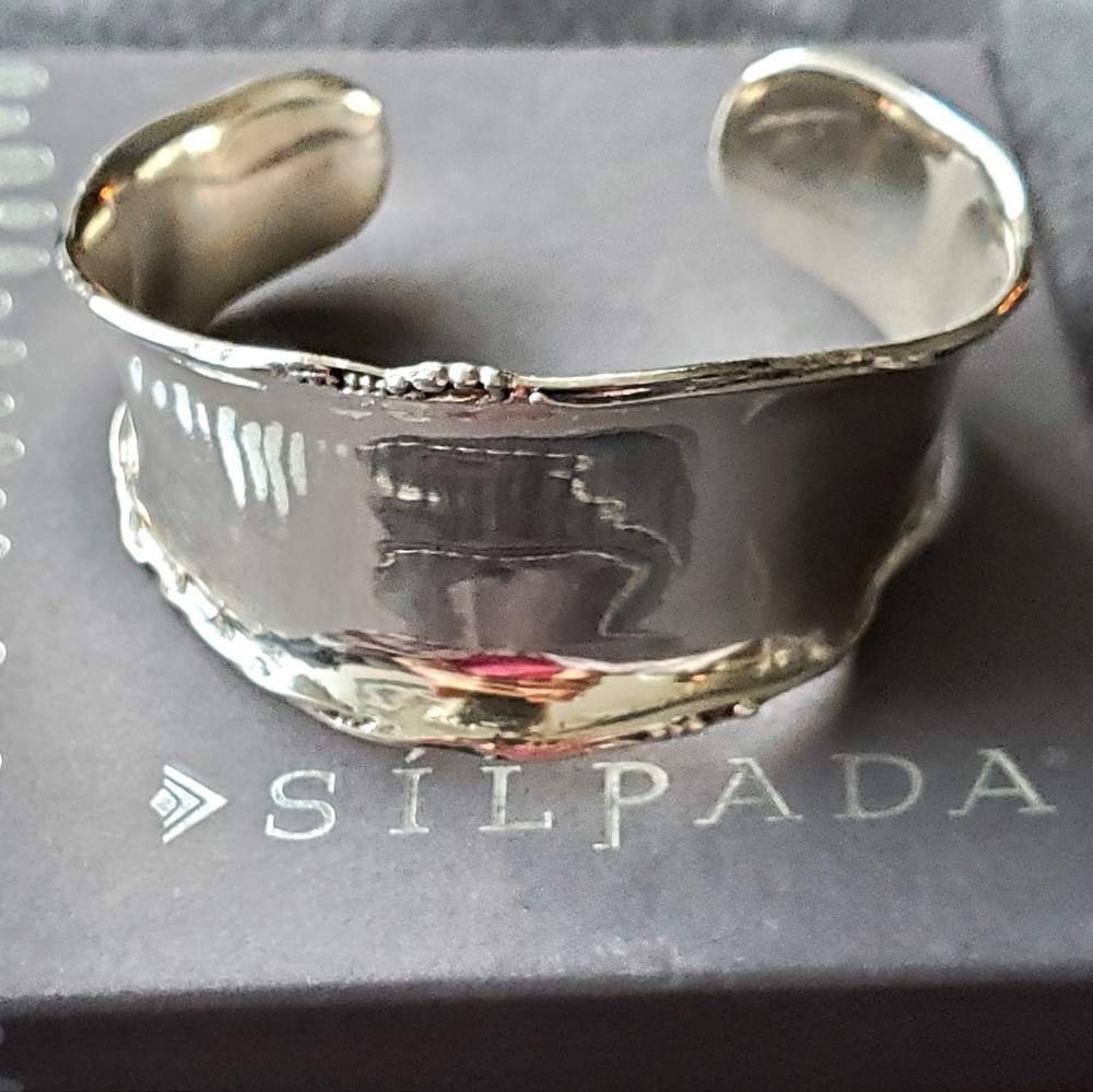 SILPADA 925 Sterling Silver Wide Cuff Bracelet Rolled Edge Beaded Curved B1435 - Picture 2 of 9